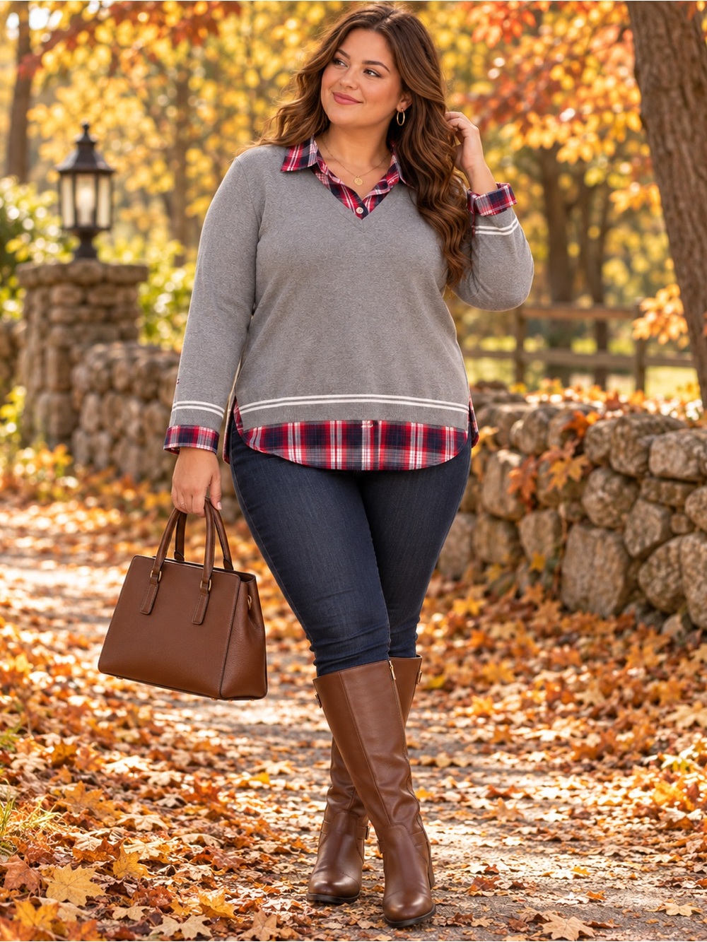 Tommy Hilfiger XL Gray Plaid Layered Look V-Neck Sweater Top